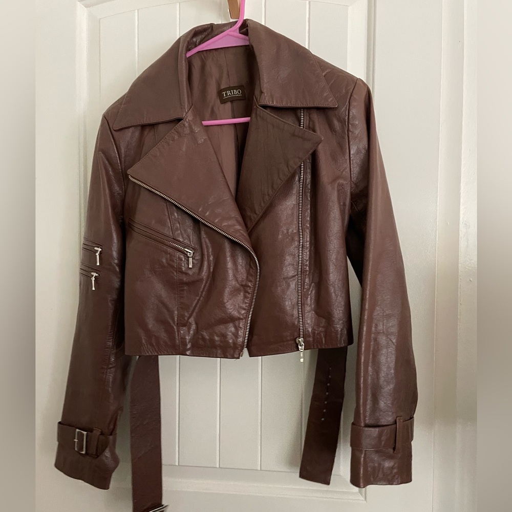 Vintage Cropped Brown Leather Moto Jacket Size Small